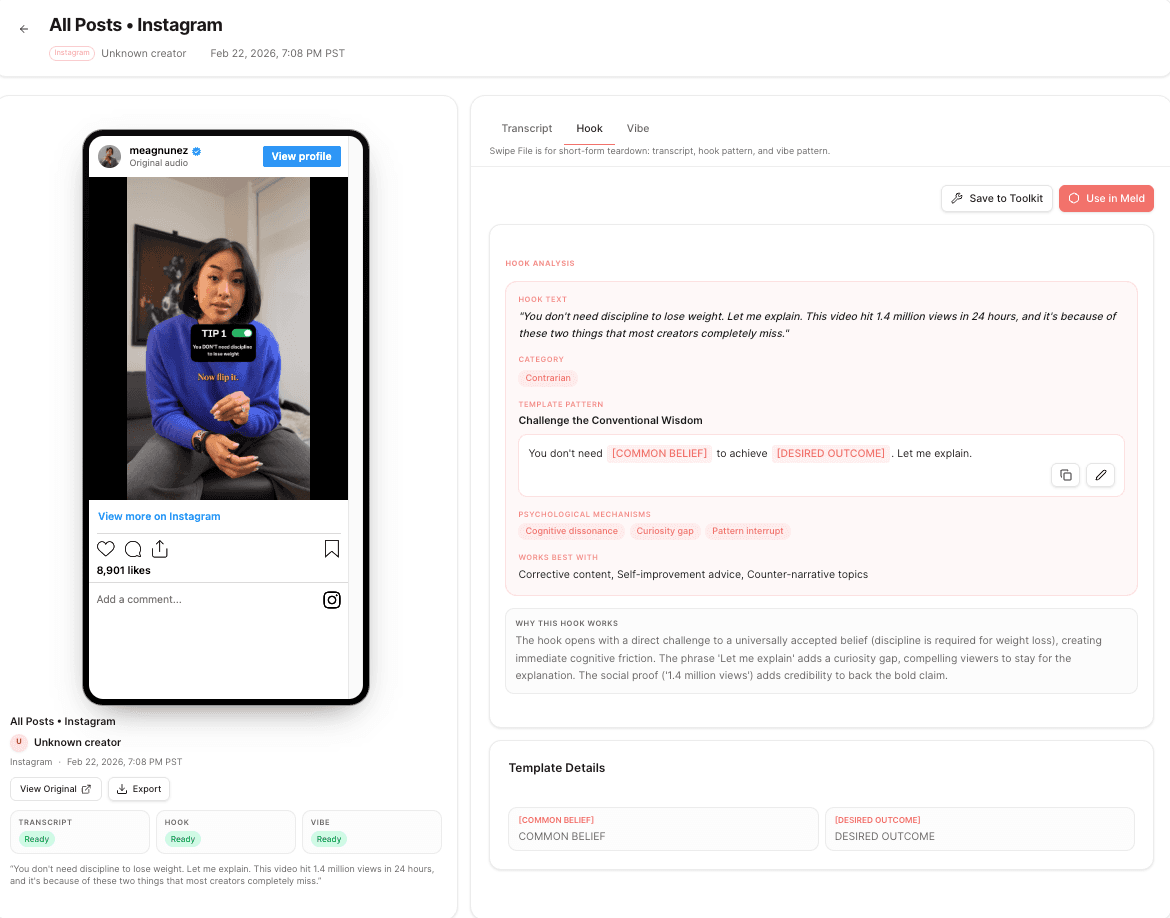 Swipe File detail view with auto-analyzed hook breakdown